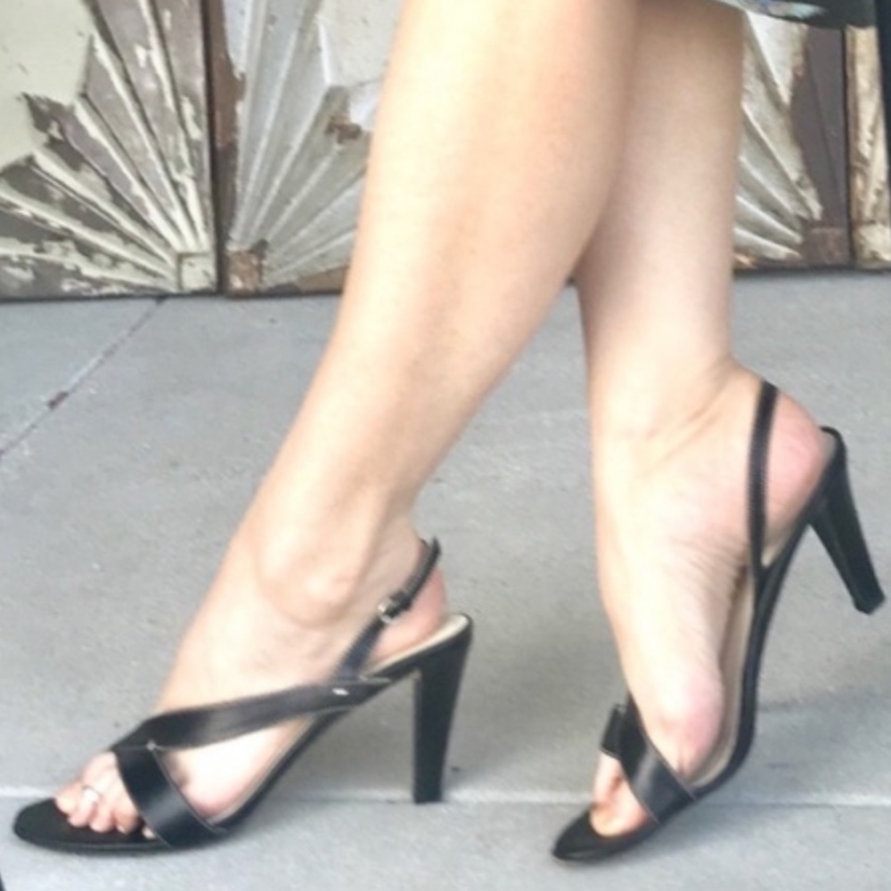 COACH Black Leather Strappy Sandal Heels